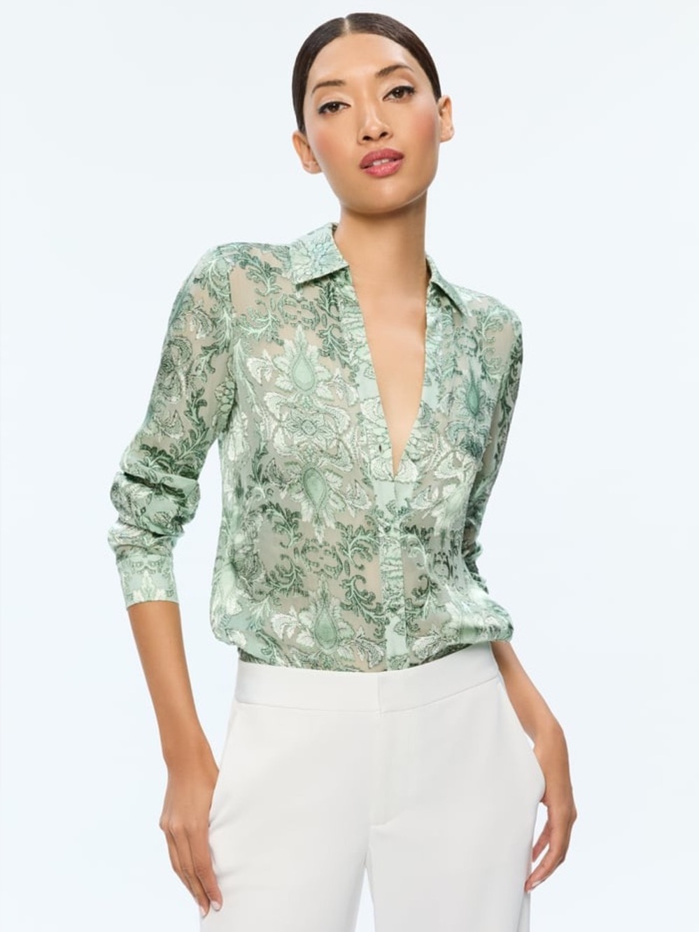 Alice + Olivia 100% Silk Eloise Button Down Shirt Vanity Pistachio Rare XS & and